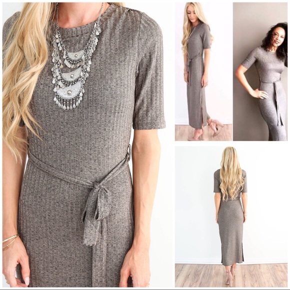 Shop Stevie Dresses & Skirts - Silky taupe lightweight tie waist knit midi dress